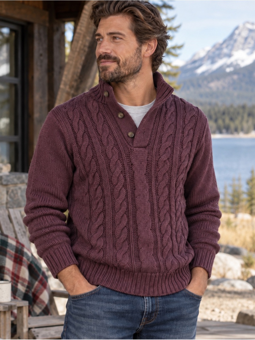 Banana Republic Men’s Plum Cable Knit Button V Neck Sweater Size M 100% Cotton
